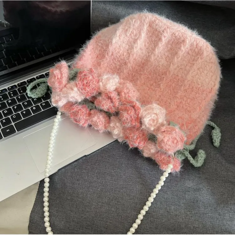 非成品渐变玫瑰包包毛线钩针玫瑰花花束水桶diy斜挎包材料自制闺