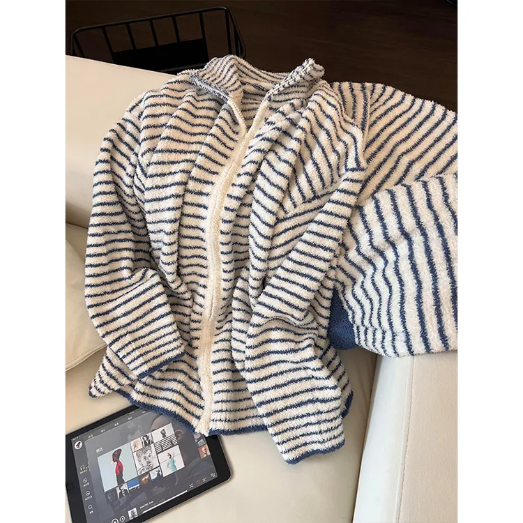 【DMXJ大梦想家】韩系休闲甜美条纹珊瑚绒睡衣女冬可外穿家居服套装