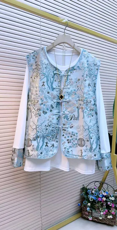 胖妹妹时尚气质显瘦遮肉复古6122中式中国风提花网红拼接两件套