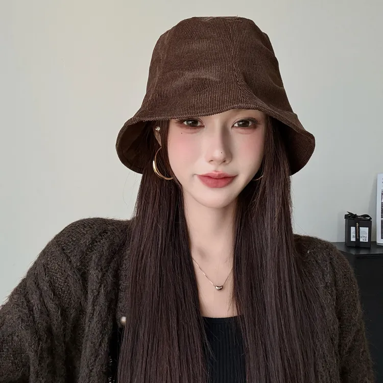 秋冬季保暖灯芯绒褶皱渔夫帽女百搭简约休闲潮韩版文艺水桶帽盆帽