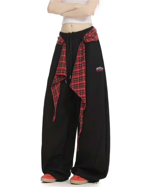 Y-C美式格子屁帘叠穿弯刀卫裤女宽松嘻哈街舞阔腿运动休闲裤子