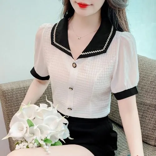 娃娃领雪纺衬衫女短袖2025夏季款时尚气质洋气小衫修身高级感上