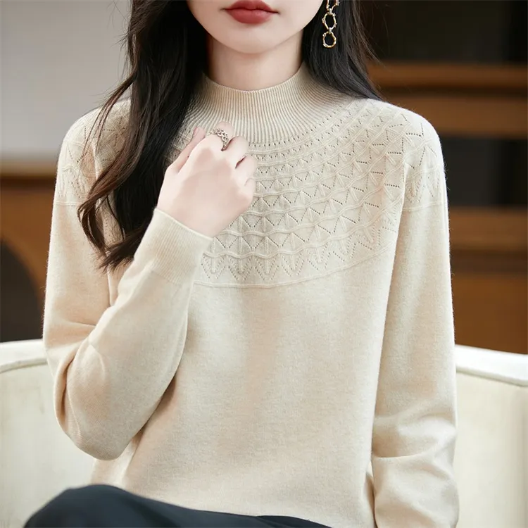 一线成衣无缝针织衫女镂空衫提花半高领毛衣宽松套头长袖打底上衣
