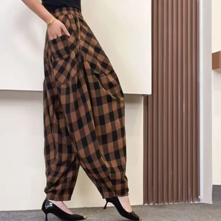 #5106秋季新款棉麻格子休闲时尚百搭洋气显瘦哈伦长裤