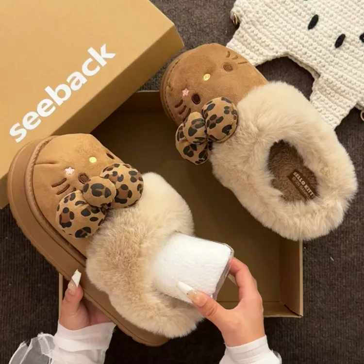 图彩朵豹纹kt猫ins可爱包头棉拖鞋女加绒外穿厚底增高毛毛拖鞋潮