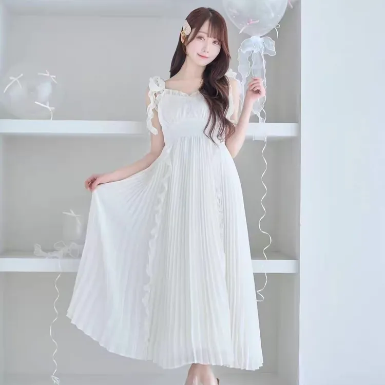 9006-9007甜美日系可爱甜美重工连衣裙中长款百褶裙高腰吊带裙