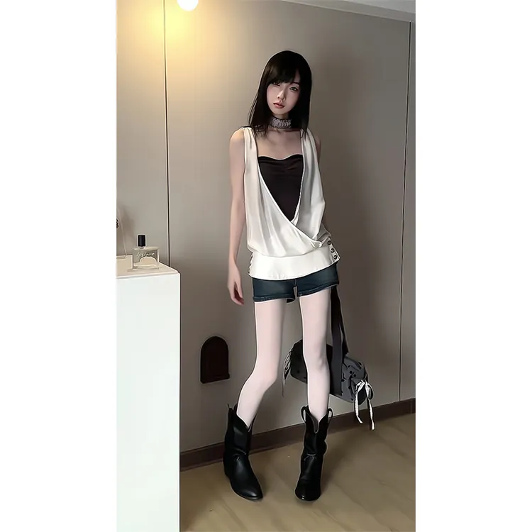 纯欲风荡领挂脖背心女辣妹无袖上衣外穿挂脖式上衣显瘦牛仔短裤