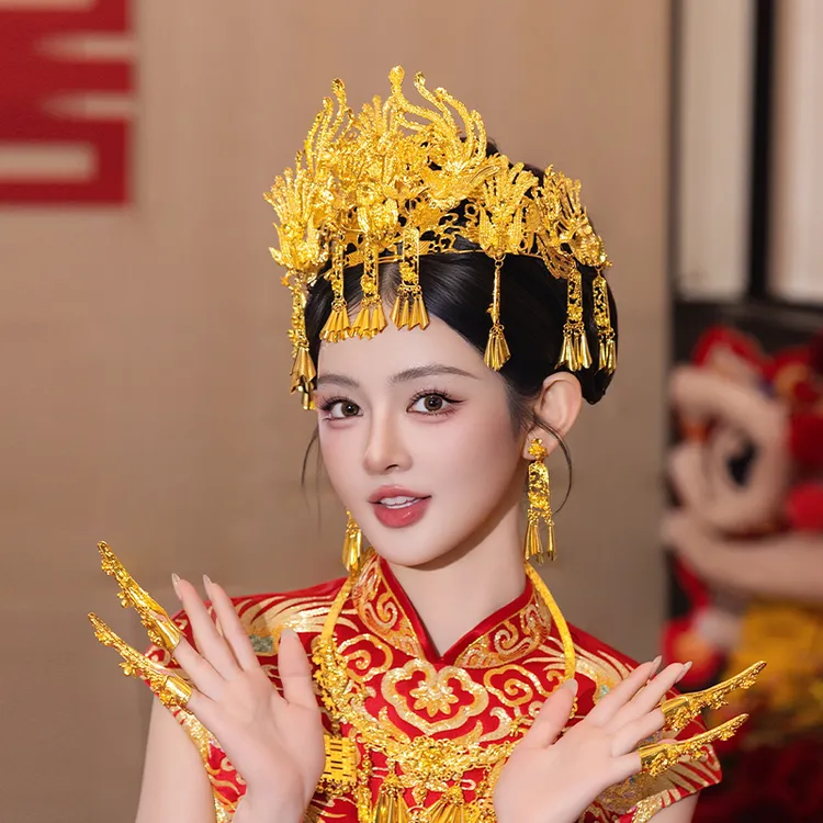 合金婚庆饰品 新娘敬酒中式金色凤冠发饰宫廷华丽结婚头饰MT0259