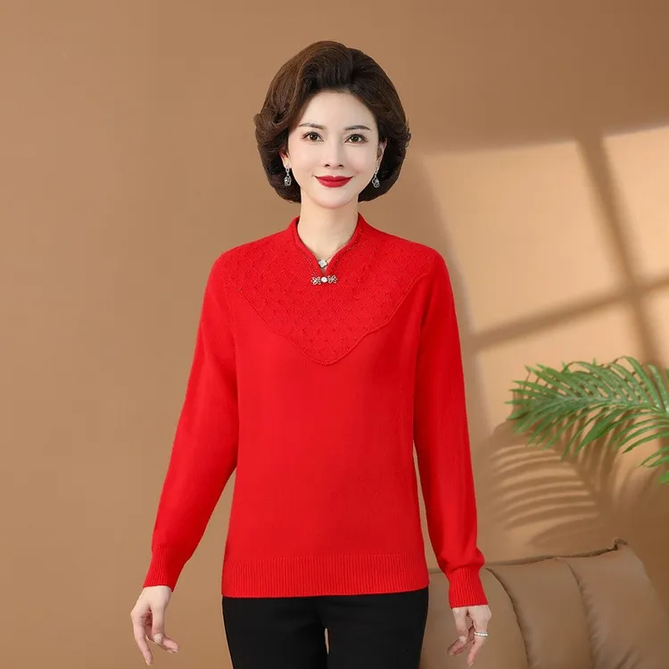 中老年女装新中式妈妈长袖上衣毛衣中老年女士长袖100%纯羊毛针织