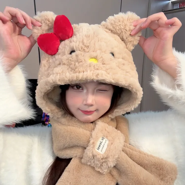 秋冬新款防寒时尚百搭帽子围巾一体女加厚毛绒绒冬天保暖帽ins