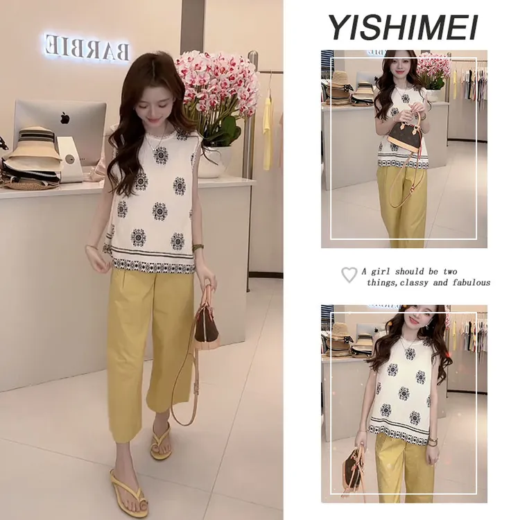 套装女2025年夏季新款爆款简约百搭无袖上衣高腰休闲裤两件套