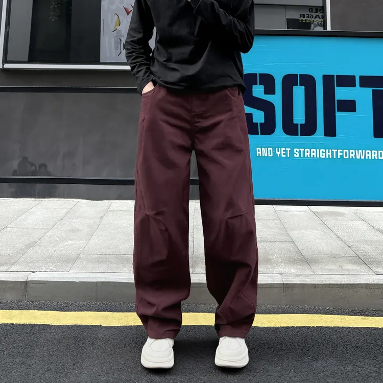 QUALCOMM美式工装裤酒红色潮流休闲裤男秋冬加厚宽松阔腿直筒长裤