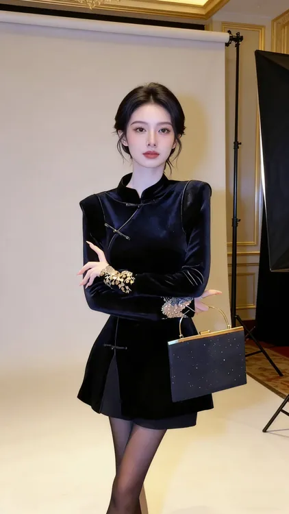 2025秋冬气质新中式丝绒刺绣立领收腰显瘦上衣黑色+短裤时尚套装