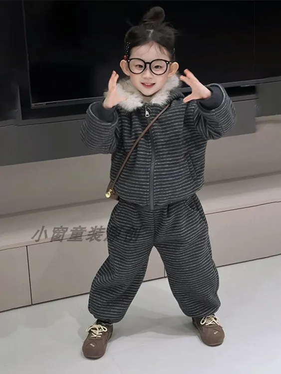 男女童加绒加厚条纹套装冬季新款儿童宝宝洋气连帽外套休闲裤韩