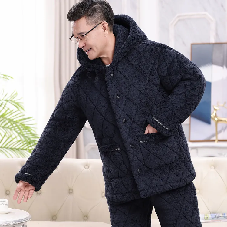 中老年人夹棉睡衣连帽子加绒加厚保暖棉袄三层冬季男士家居服套装