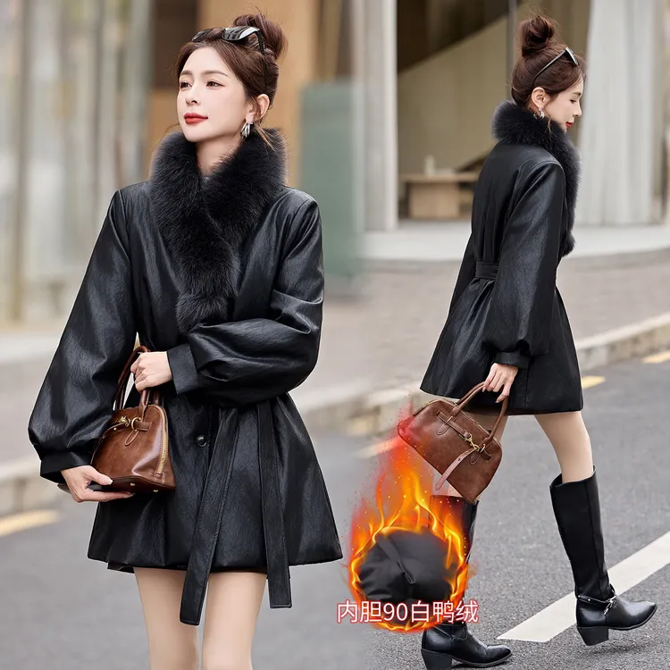 2025冬季新款时尚保暖中长款羽绒服女收腰显瘦高级感加厚皮衣外套