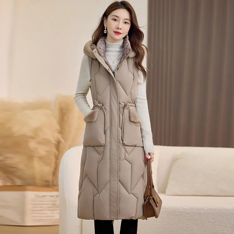 冬季洋气百搭中长款棉马甲女冬长过膝加厚女士棉马夹外套收腰显瘦