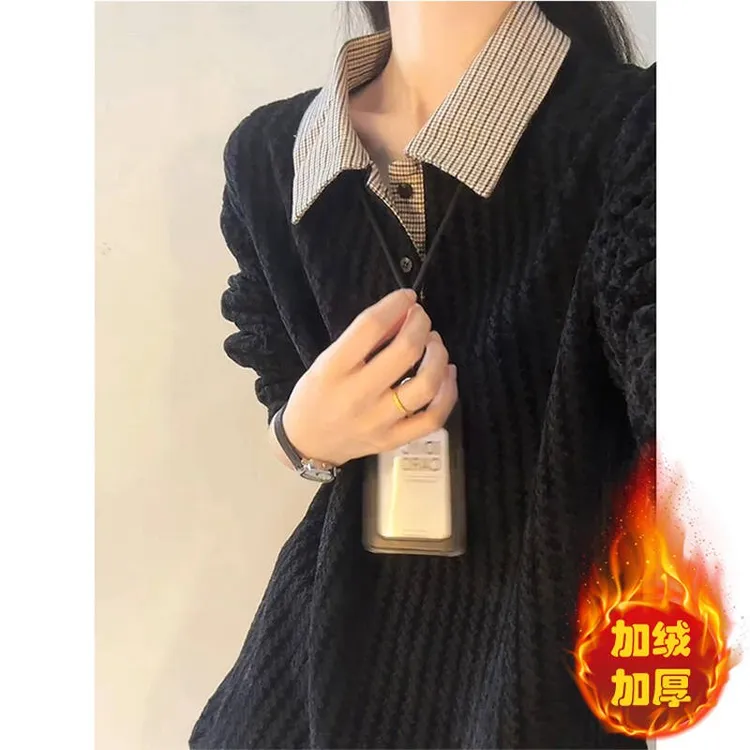 美式休闲千鸟格翻领卫衣男女冬季加绒加厚长袖polo衫复古内搭打底