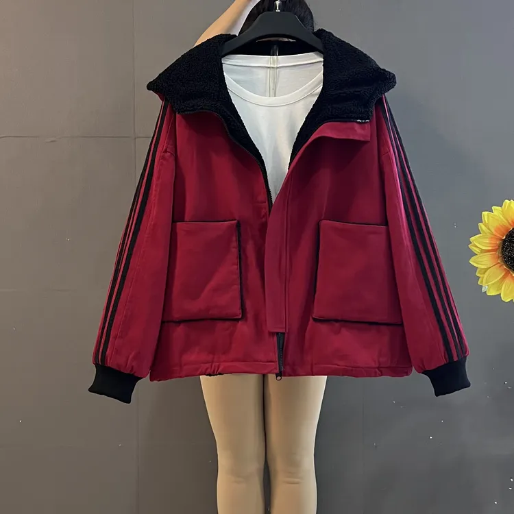 秋冬新款韩版时尚休闲连帽大口袋宽松显瘦加厚外套（两面可穿）