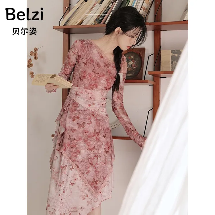 盛放法式浪漫风欲夏季长款连衣裙修身不对称下摆设计感气质裙子