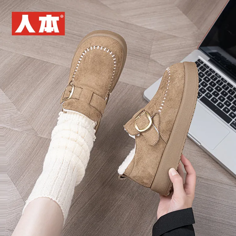 人本皮面大头勃肯鞋女款2025冬季加绒加厚小众百搭日常棉鞋