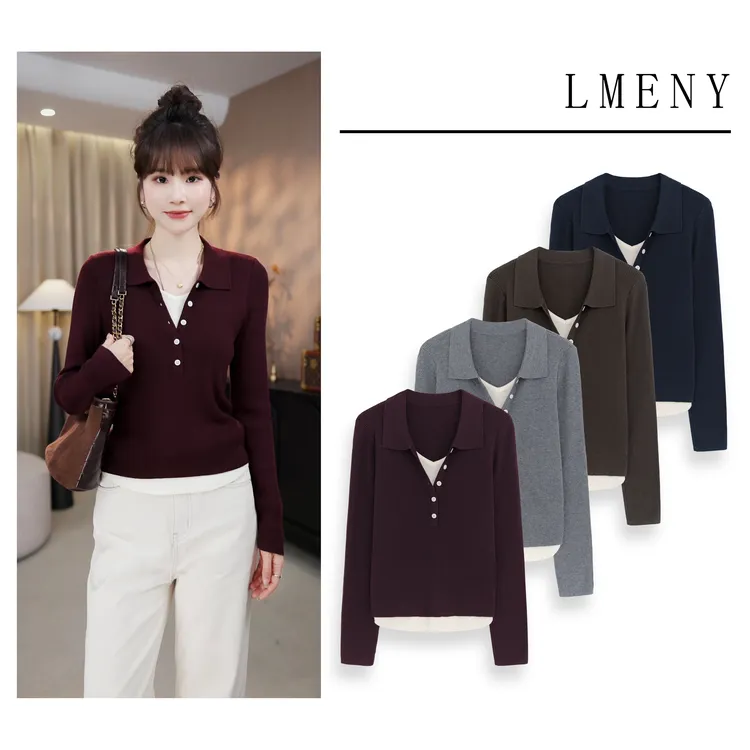 LMENY“叠穿小调”绵羊毛翻领假两件软糯撞色设计感针织衫25CM004
