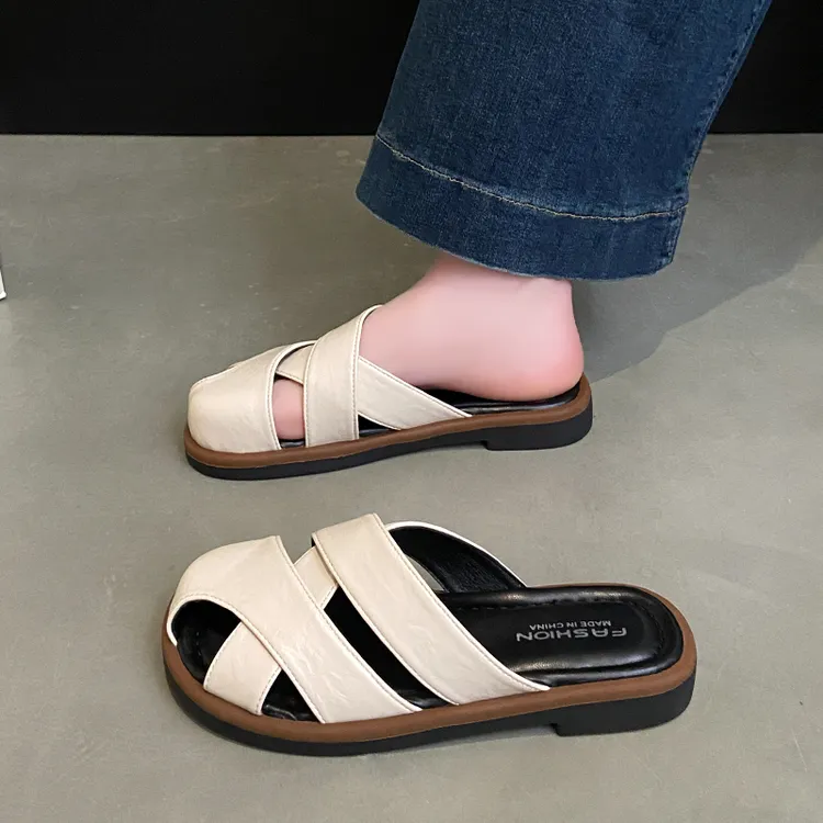 编织复古包头半拖鞋女外穿2025新款春夏平底沙滩罗马凉拖鞋小码34