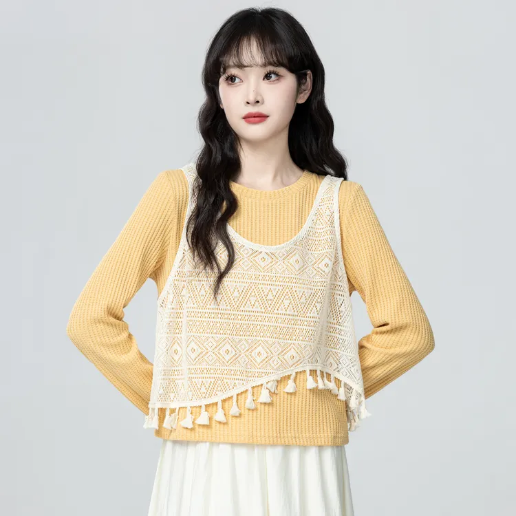 黄色长袖针织衫女春秋2025早秋季新款钩花马甲背心两件套短款上衣