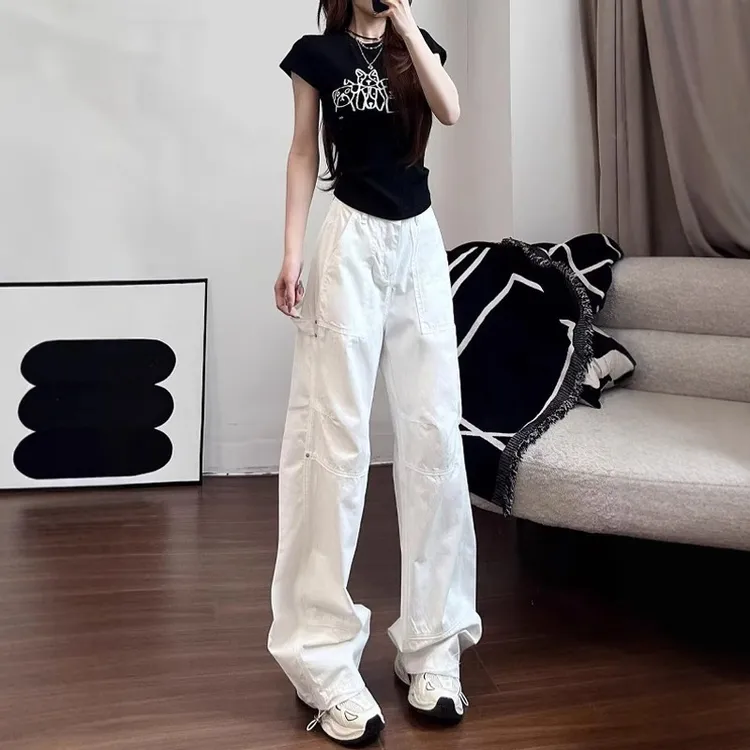 美式高街白色工装裤女夏季薄款直筒裤高腰拖地休闲阔腿裤加长裤子