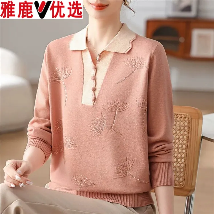 雅鹿优选春装洋气翻领针织衫上衣服新款中老年矮个子女装春秋打