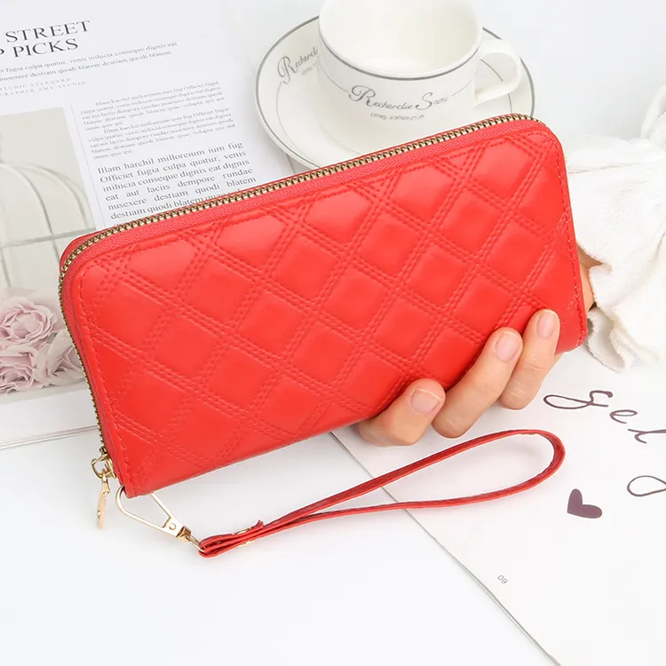 新款菱格女士钱包女长款休闲手机包拉链包编织纹大容量手拿包钱夹