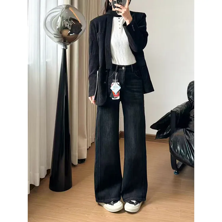 【石墨水洗】加绒加厚2025冬季新款窄版直筒侧骨牛仔裤阔腿裤显瘦