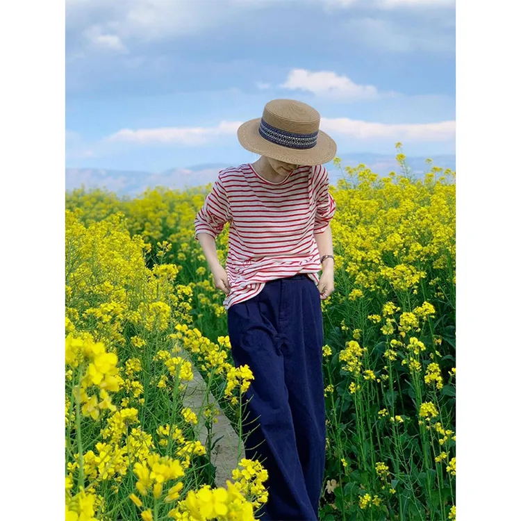 法式别致红色条纹防晒长袖T恤女夏季薄款小个子独特洋气罩衫上衣