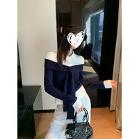 藏蓝色拼白绑带肌理感假两件长袖上衣T恤22789#