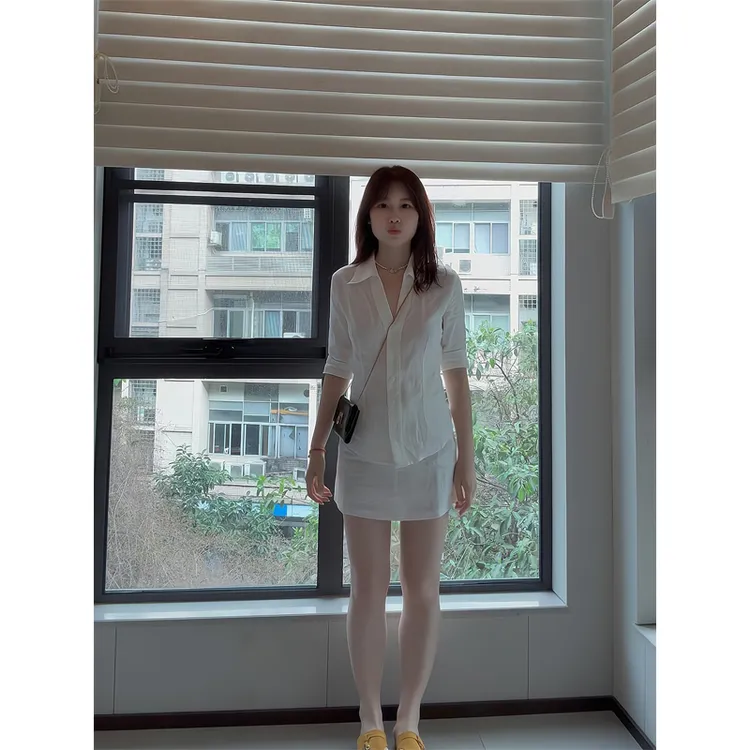 2025夏新款极简老钱风套装白色中袖V领衬衫上衣半身裙包臀裙短裙