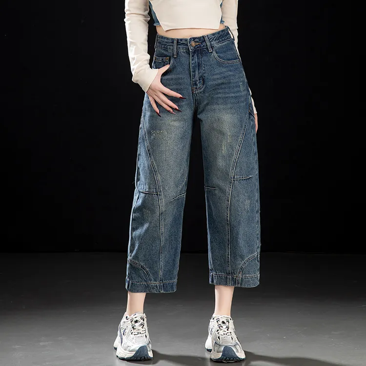 美式牛仔裤女2025秋季新款小个子阔腿八分直筒裤松弛感高街弯刀裤