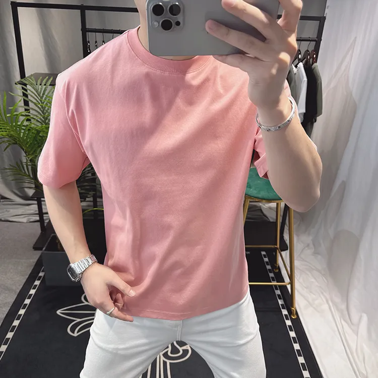 欧洲站高端短袖t恤男士纯色修身半袖圆领简约美式体恤男2025新款