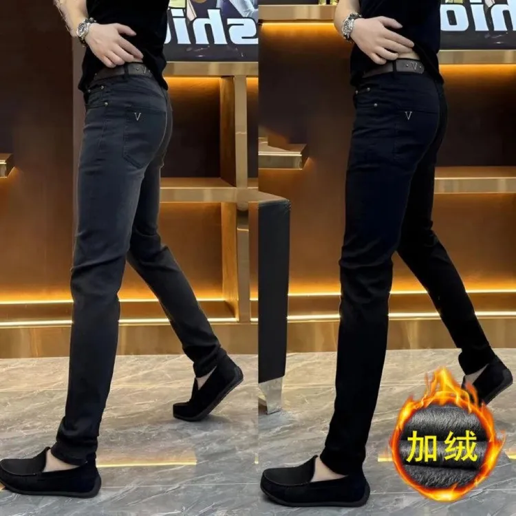 2024秋冬季新款牛仔裤男士加绒加厚修身小脚裤直筒休闲长裤子男款