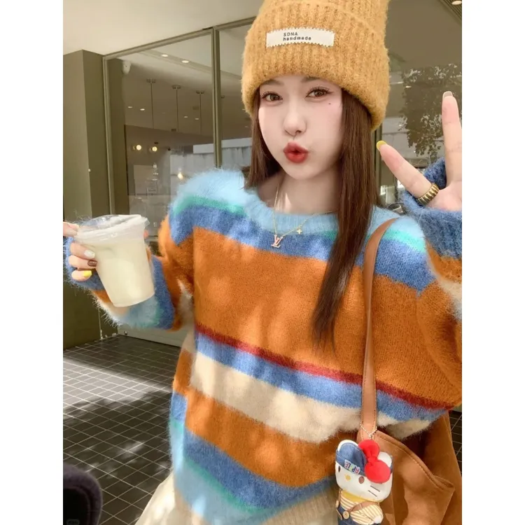 韩系彩色宽松圆领毛衣打底衫女秋冬季多巴胺穿搭气质休闲套头上衣