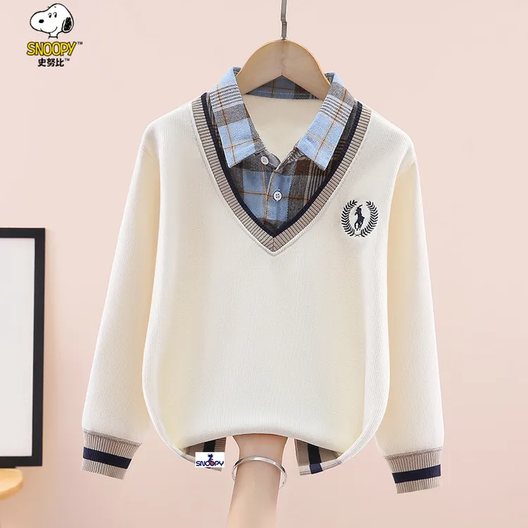 史努比男童加绒卫衣秋冬款2025新款中大儿童学院假两件男孩休闲潮