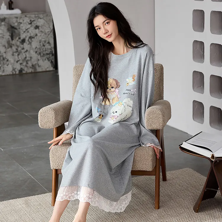 2025新款纯棉长袖睡裙卡通甜美睡衣春秋款女长裙