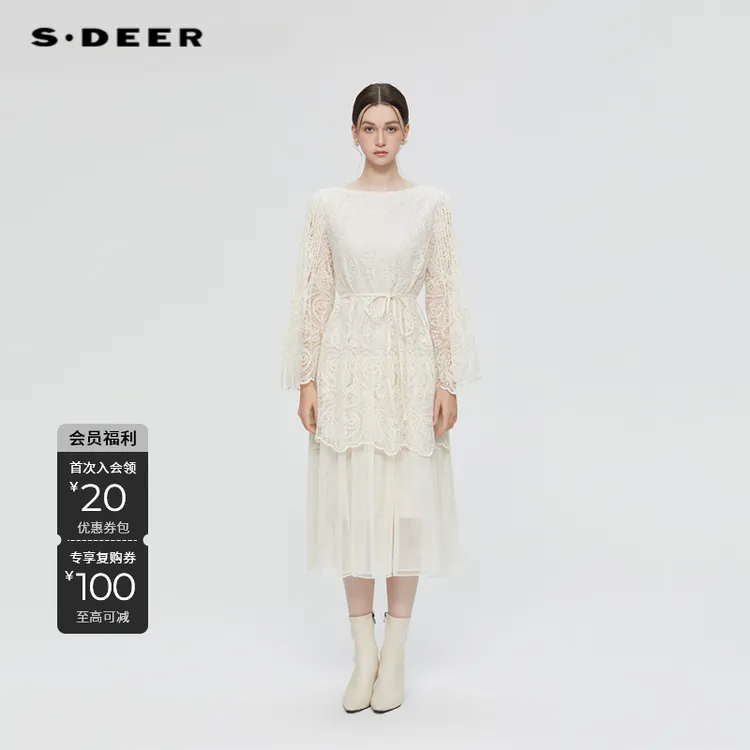 S·DEER圣迪奥蕾丝气质长袖轻奢时尚百搭连衣裙S253Z1282