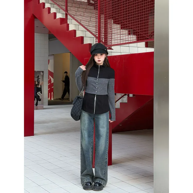 南岛风大码女装高领撞色针织开衫上衣胖mm显瘦牛仔裤套装ZZM363