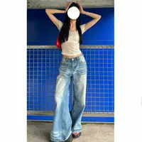 0130美式浅蓝阔腿牛仔裤女秋季高个子高腰宽松显瘦垂感拖地直筒裤