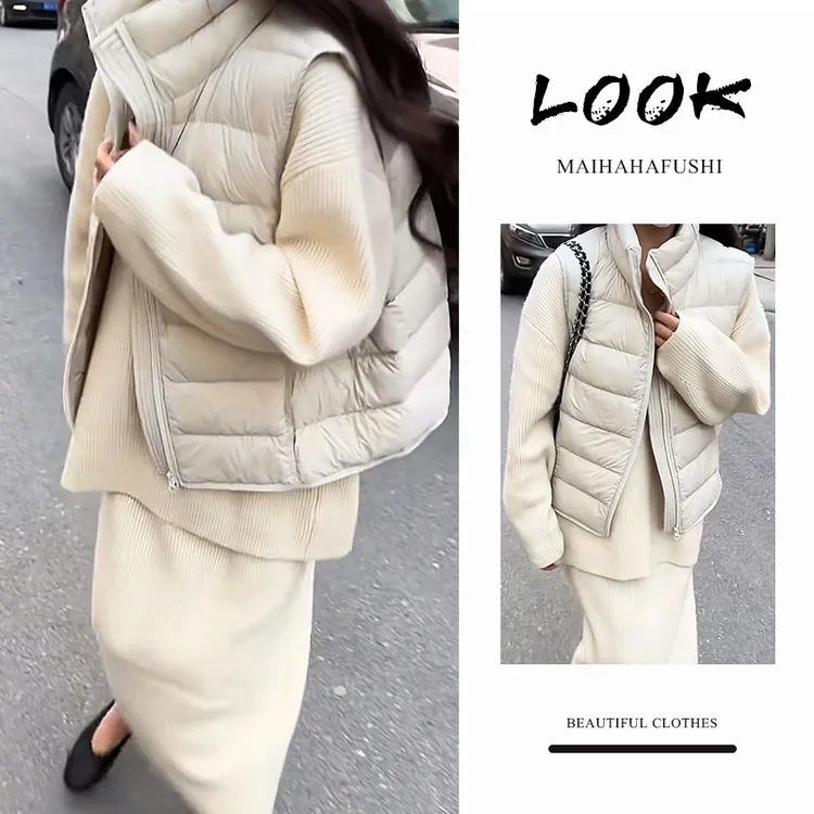 冬季一整套女装2025新款韩版立领马甲外套宽松毛衣针织半身裙套装