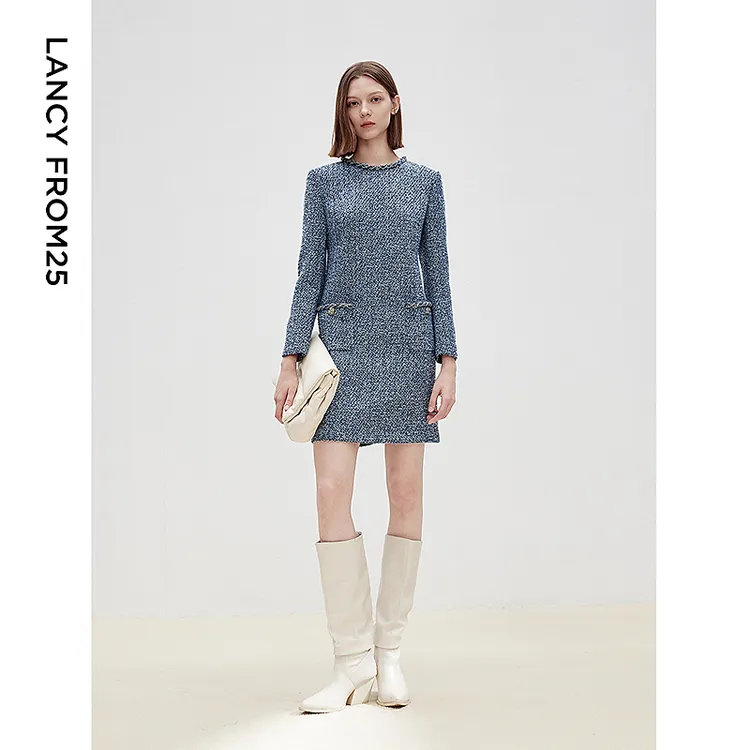1内搭新款长袖小香风高级感朗姿春洋气气质2025连衣裙短裙法式