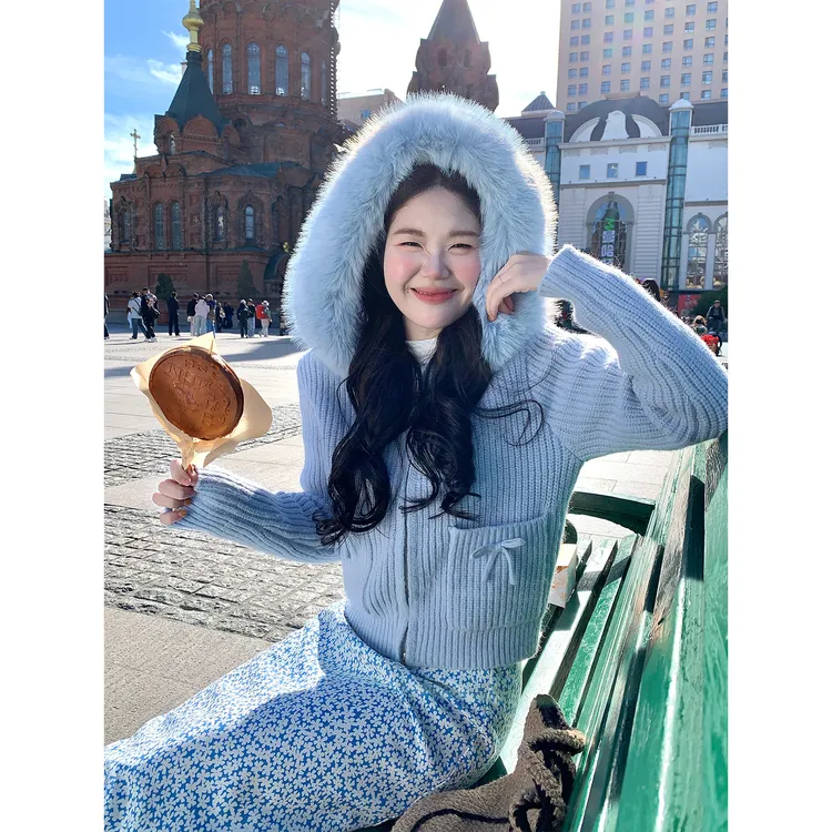 火火火【奶芙蓝莓】韩系早秋出游穿搭温柔风连帽针织外套M38244HH53