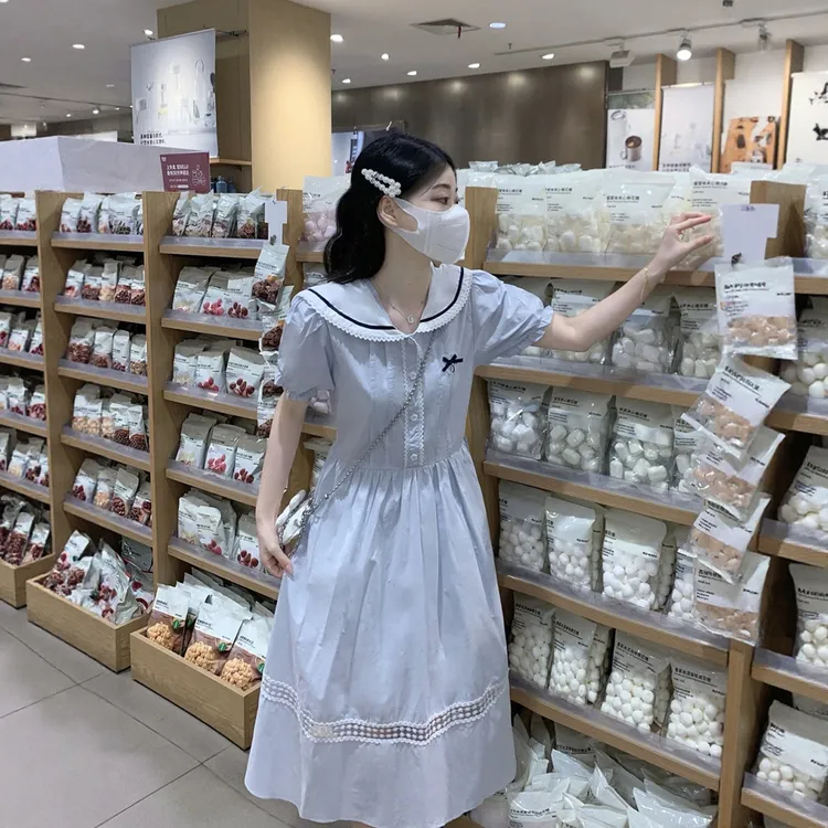 女大童娃娃领连衣裙夏季初中生甜美可爱小清新少女学院风过膝裙子