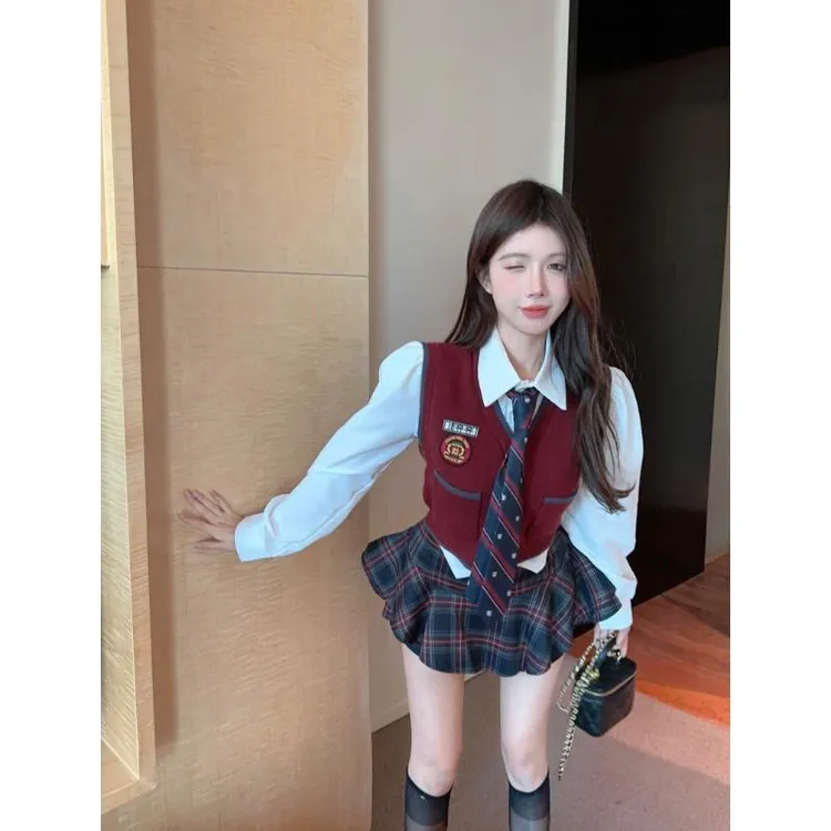 韩系学院风jk秋冬季套装衬衫马甲高腰格子半身裙子甜辣妹三件套女