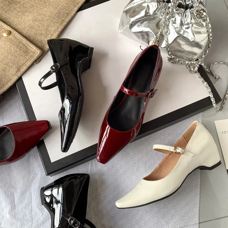 新品内增高粗跟5厘米箭头绊带洋气减龄百搭手工真皮女单鞋